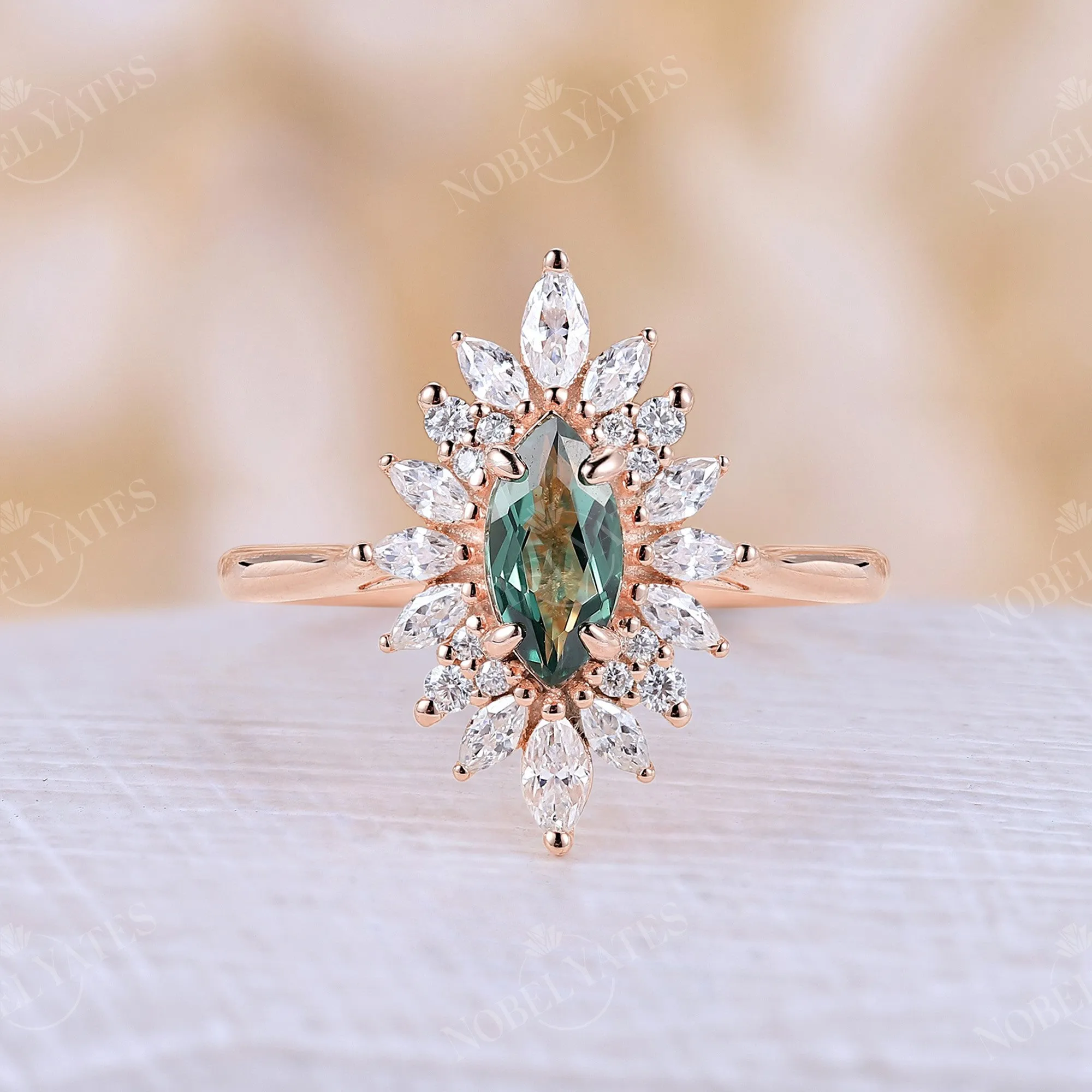 Vintage Marquise Lab Green Sapphire Halo Engagement Ring Rose Gold