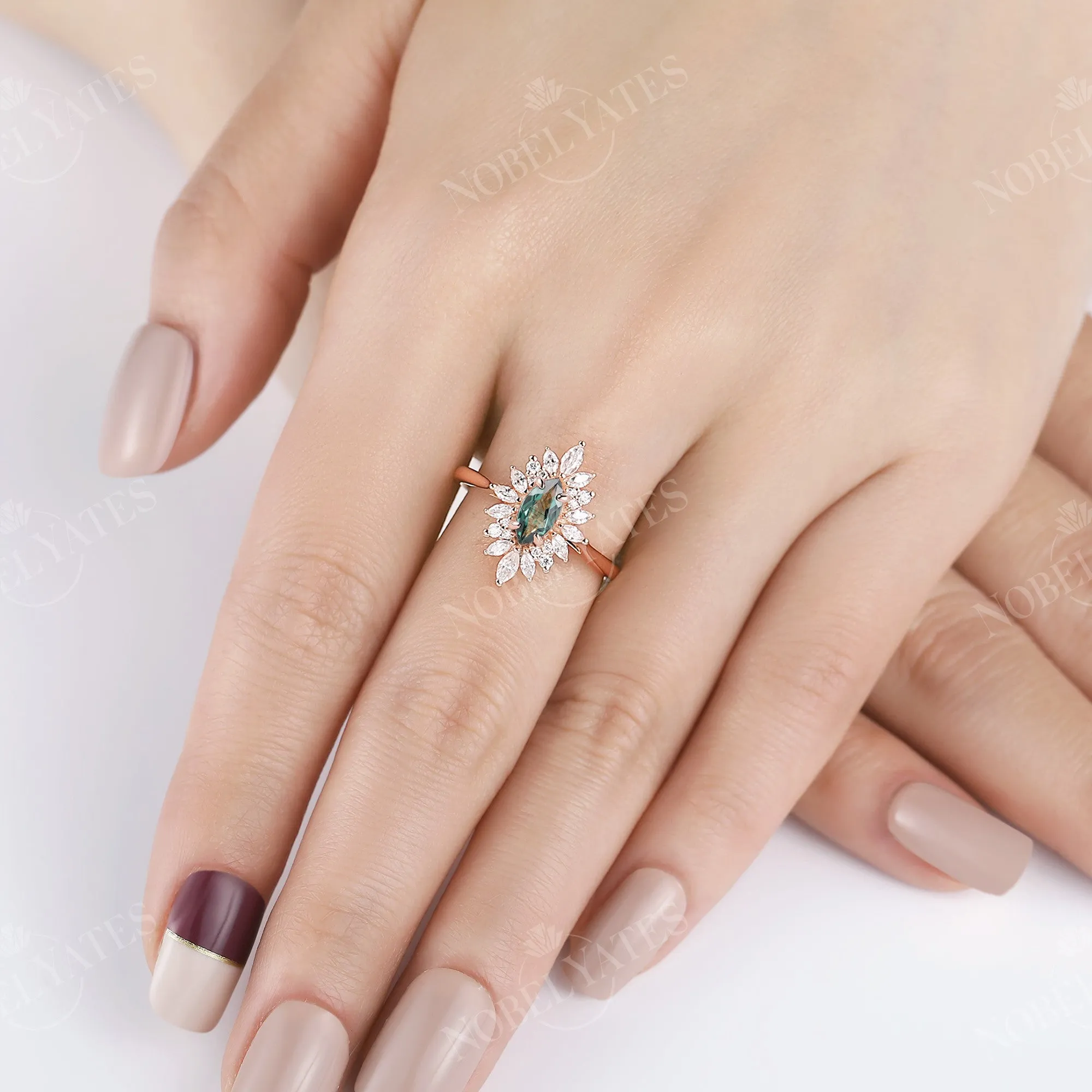 Vintage Marquise Lab Green Sapphire Halo Engagement Ring Rose Gold