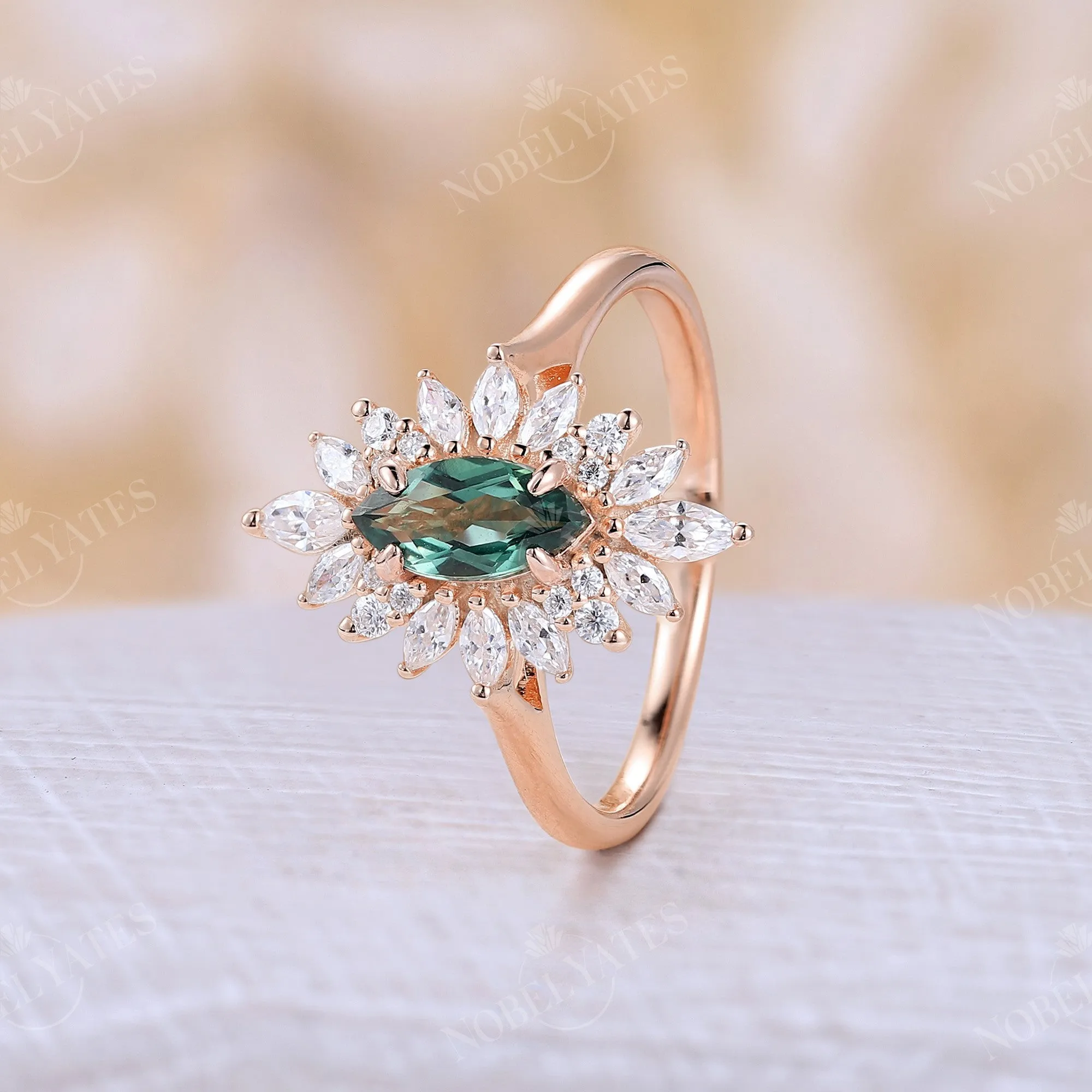 Vintage Marquise Lab Green Sapphire Halo Engagement Ring Rose Gold