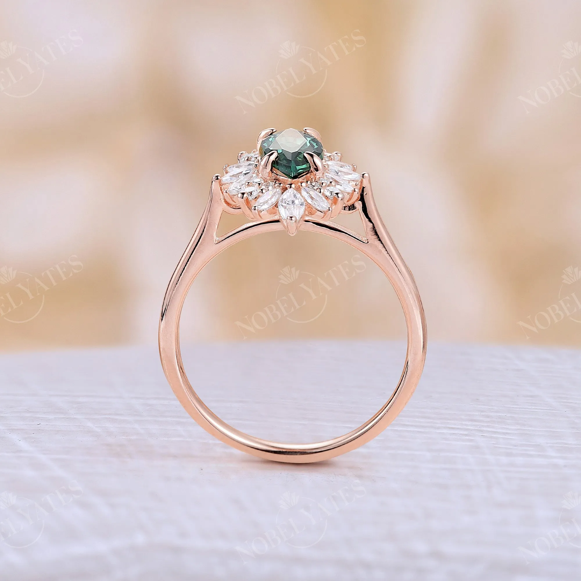 Vintage Marquise Lab Green Sapphire Halo Engagement Ring Rose Gold