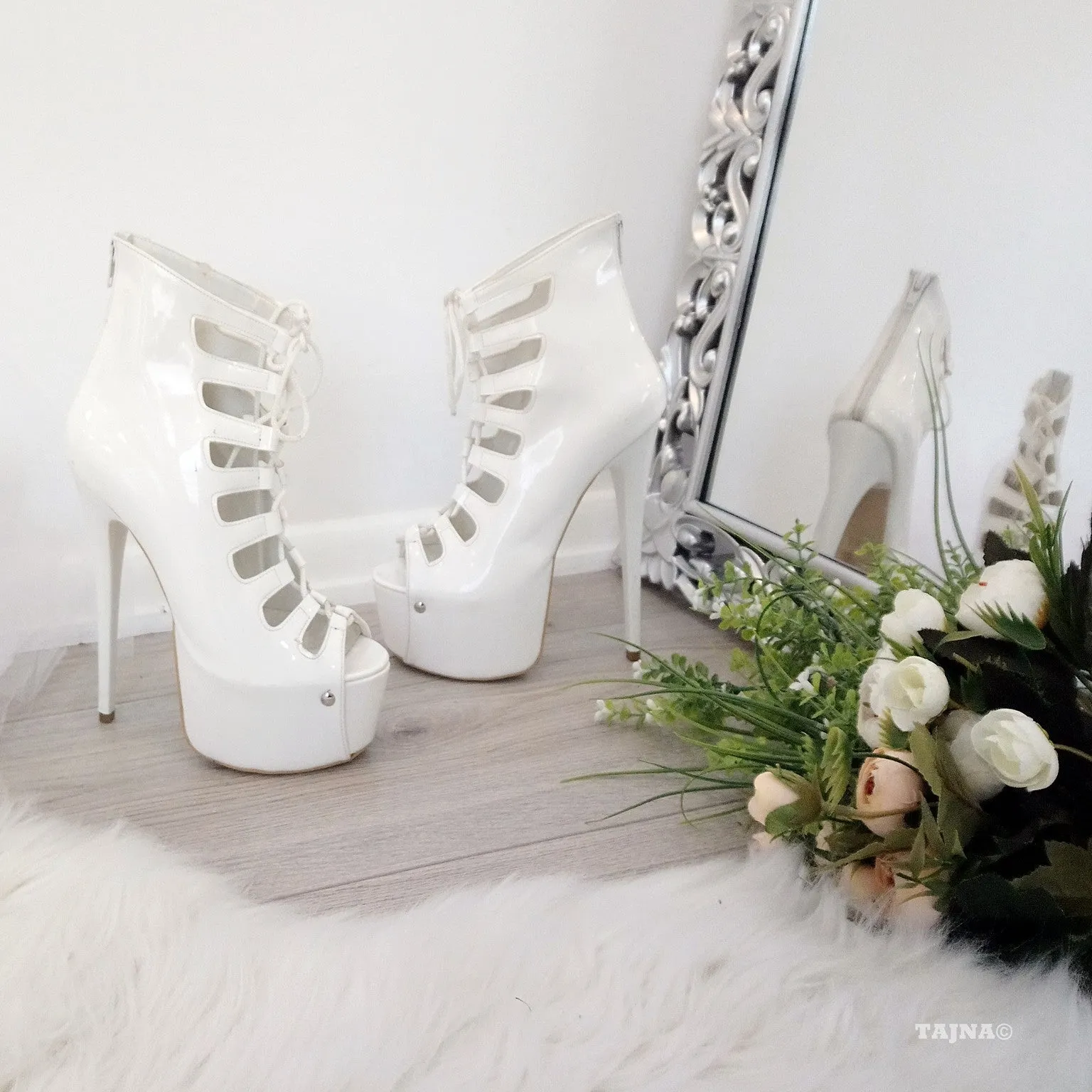 White Gladiator Patent Leather Lace Up Platform Shoes