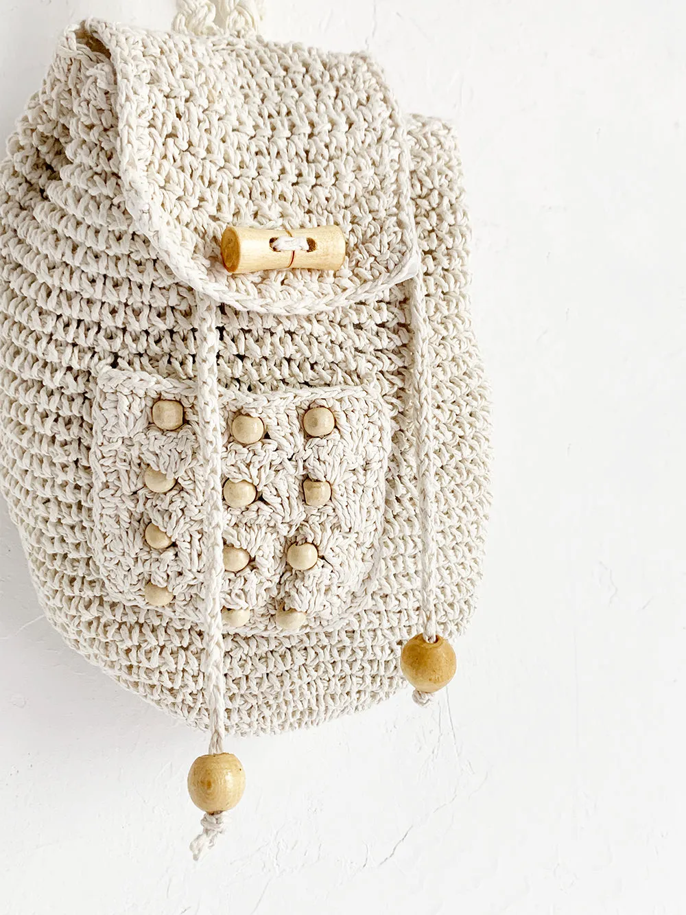 White Raffia Backpack With Wooden Bead Detail