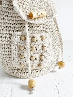 White Raffia Backpack With Wooden Bead Detail