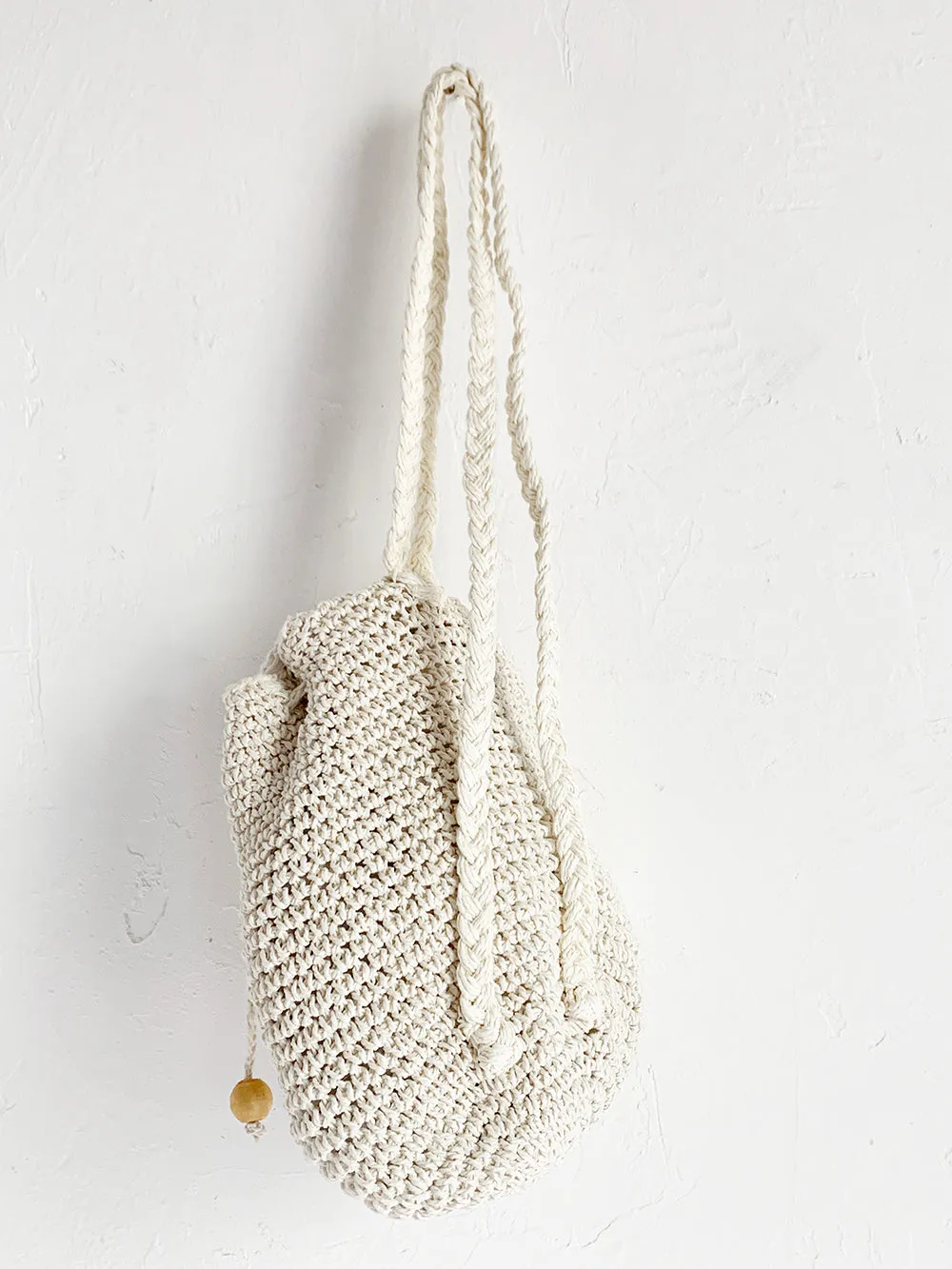 White Raffia Backpack With Wooden Bead Detail