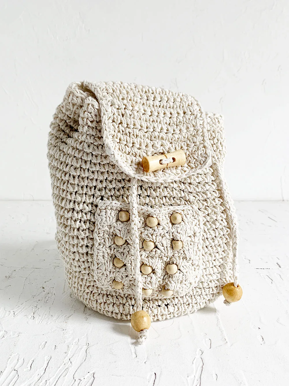 White Raffia Backpack With Wooden Bead Detail